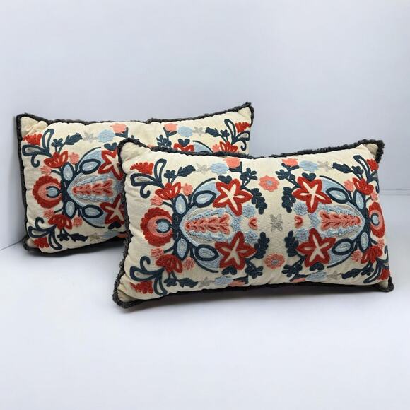 Set of 2 Embroidered Fringed Bold Floral Lumbar Throw Pillows Approx. 24x13x4" - Picture 11 of 16